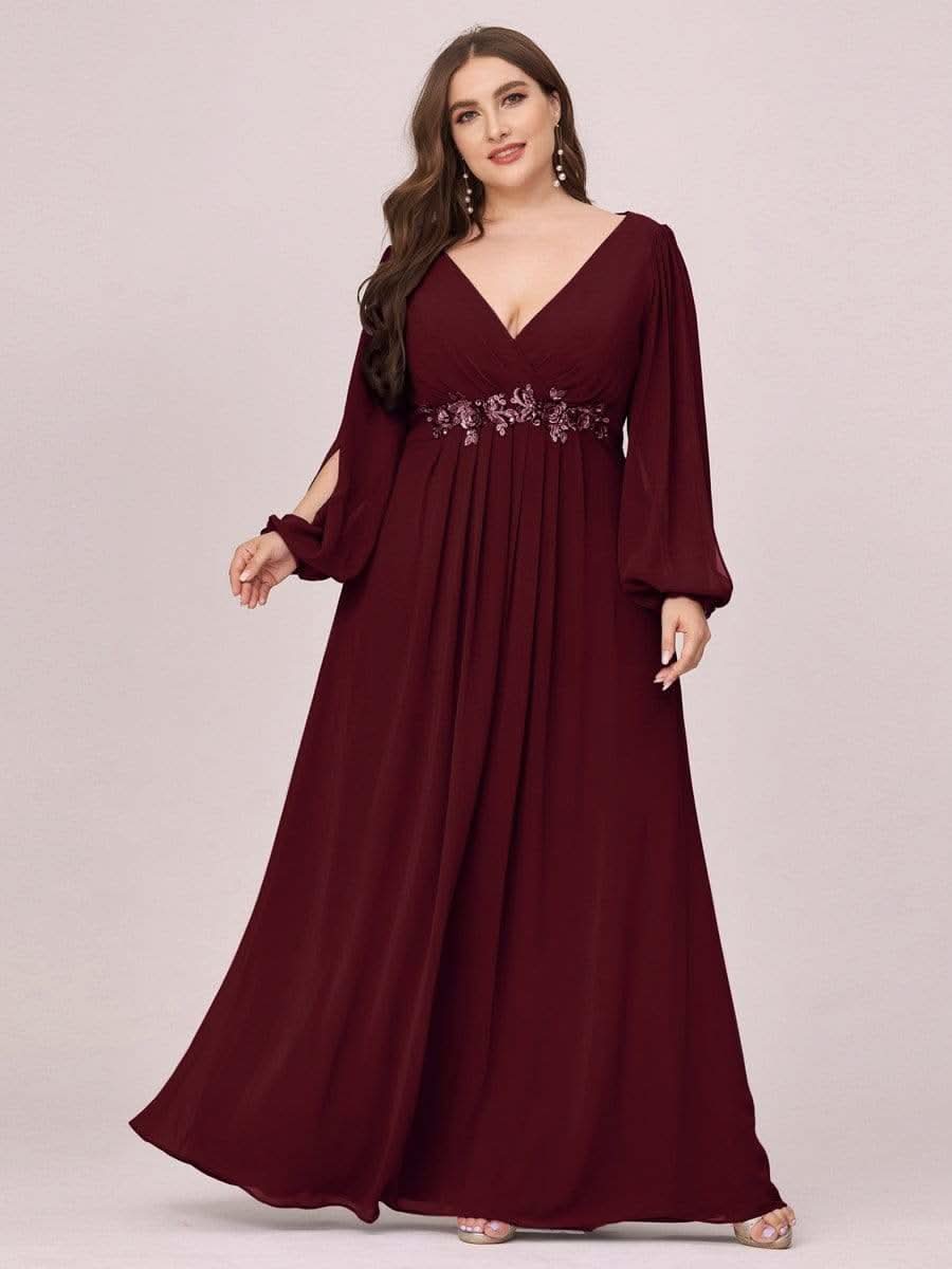 V-Ausschnitt Lang mit Ärmel Chiffon Brautmutterkleider Große Größen #Farbe_Burgundy