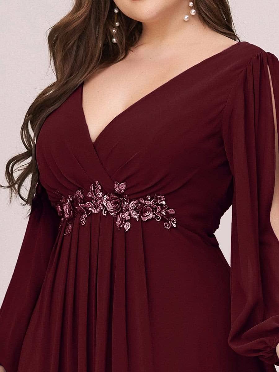 V-Ausschnitt Lang mit Ärmel Chiffon Brautmutterkleider Große Größen #Farbe_Burgundy