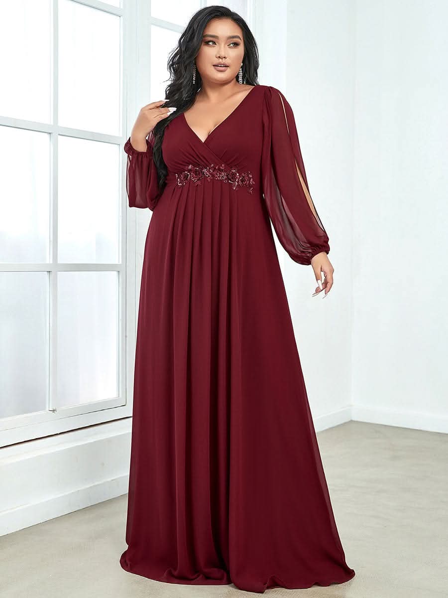 A-Linie Chiffon Lang mit Ärmel Maxikleid Hochzeitsgast Große Größen #Farbe_Burgundy