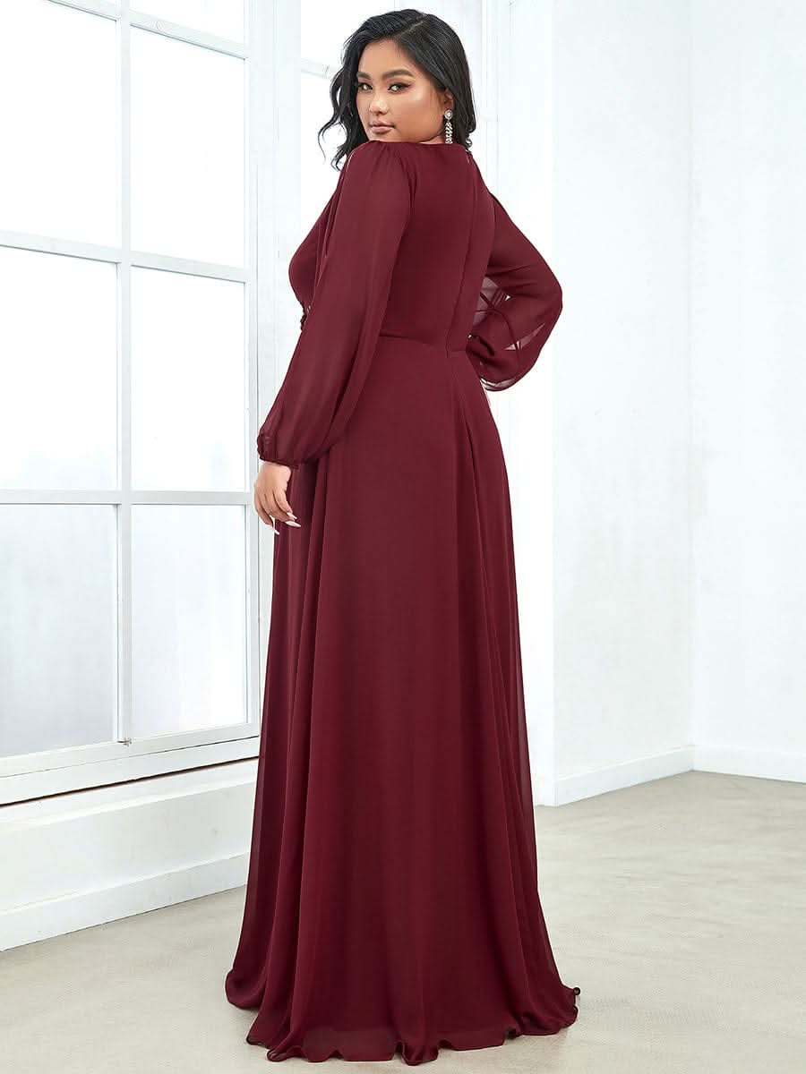 V-Ausschnitt Lang mit Ärmel Chiffon Brautmutterkleider Große Größen #Farbe_Burgundy
