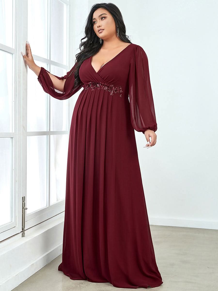 A-Linie Chiffon Lang mit Ärmel Maxikleid Hochzeitsgast Große Größen #Farbe_Burgundy