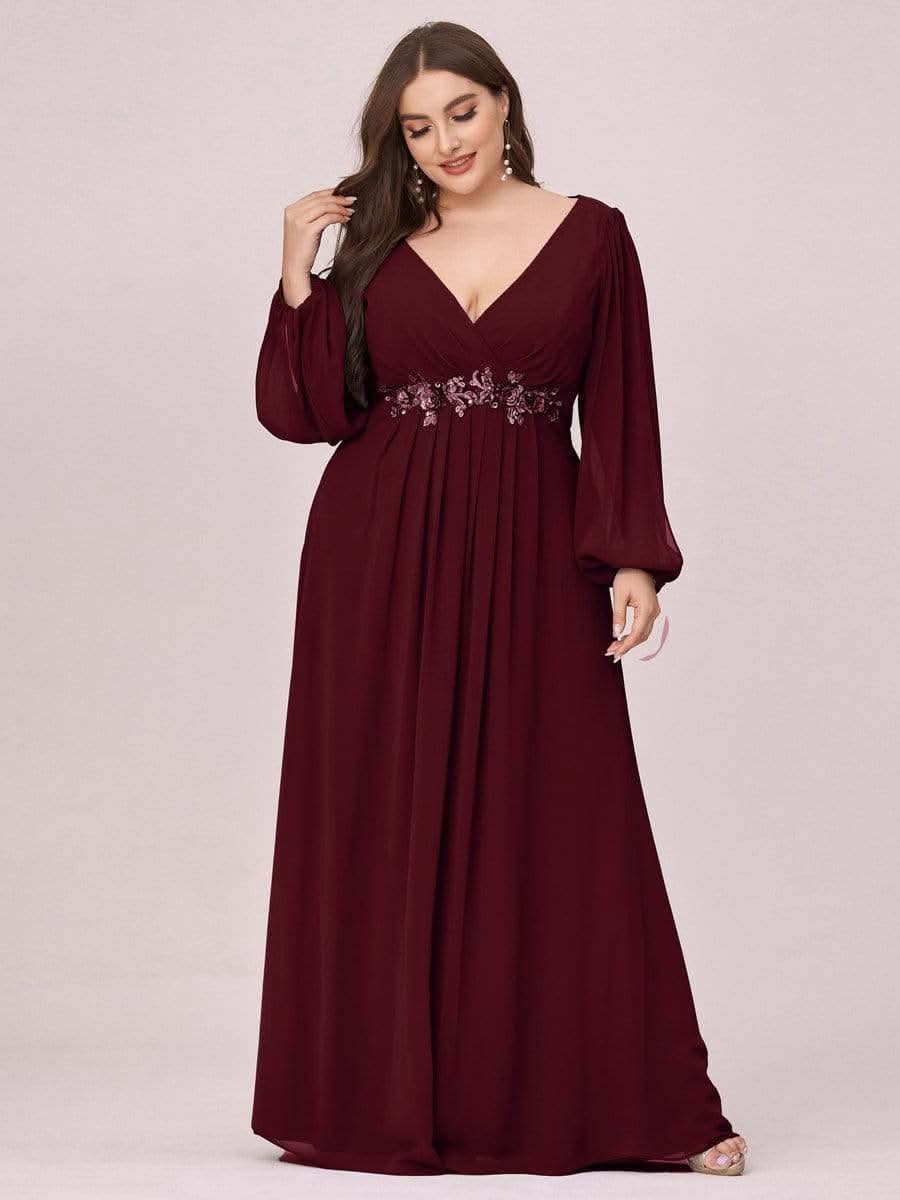 V-Ausschnitt Lang mit Ärmel Chiffon Brautmutterkleider Große Größen #Farbe_Burgundy