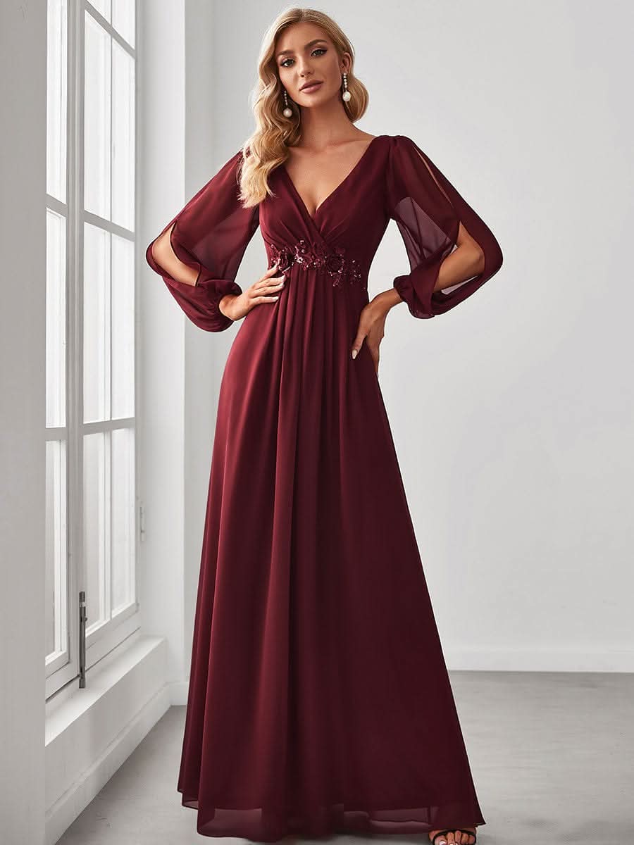 Elegantes tiefes V-Laterne langes SchlitzÄrmel-Applikations-Maxi-Abendkleid #Farbe_Burgundy