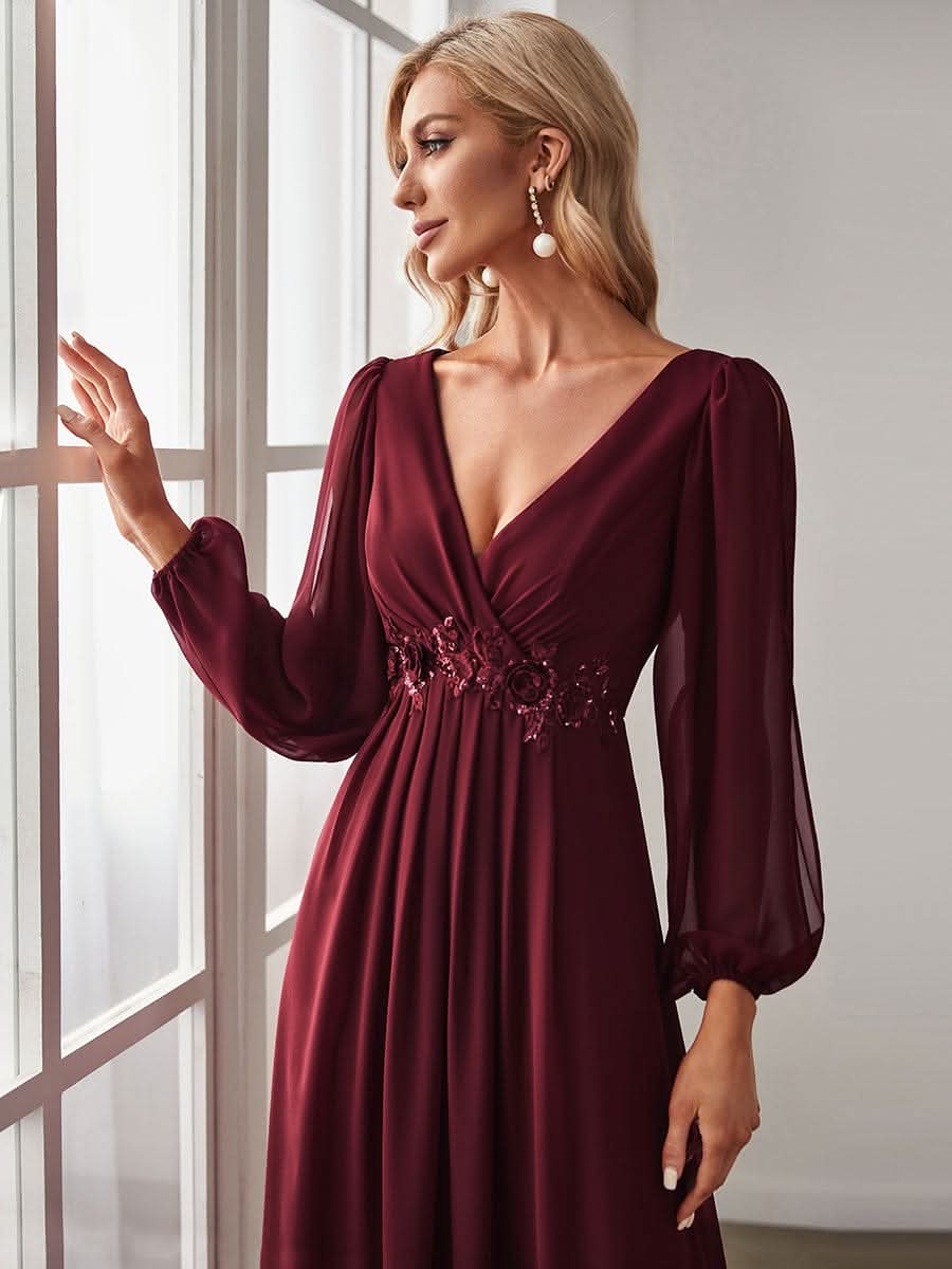 Elegantes tiefes V-Laterne langes SchlitzÄrmel-Applikations-Maxi-Abendkleid #Farbe_Burgundy
