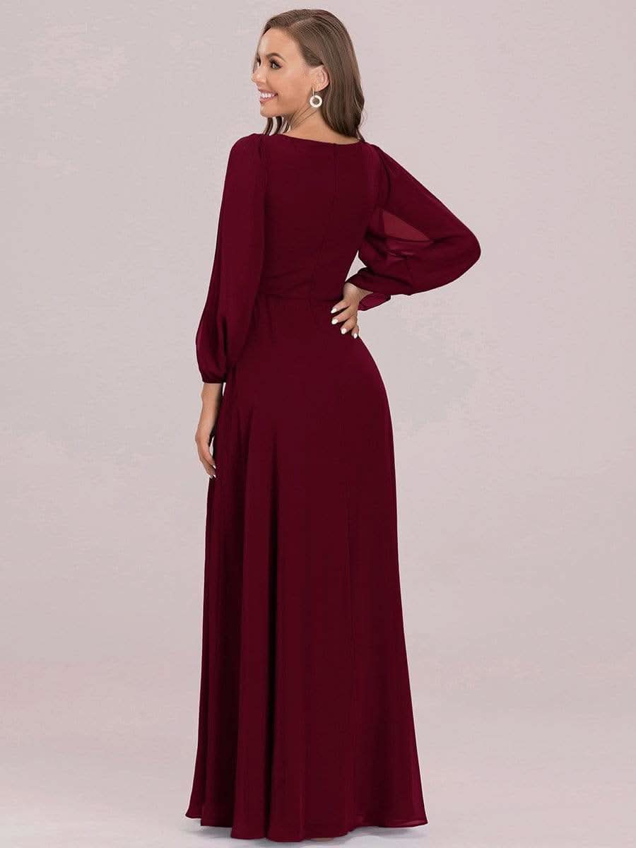 Elegantes tiefes V-Laterne langes SchlitzÄrmel-Applikations-Maxi-Abendkleid #Farbe_Burgundy