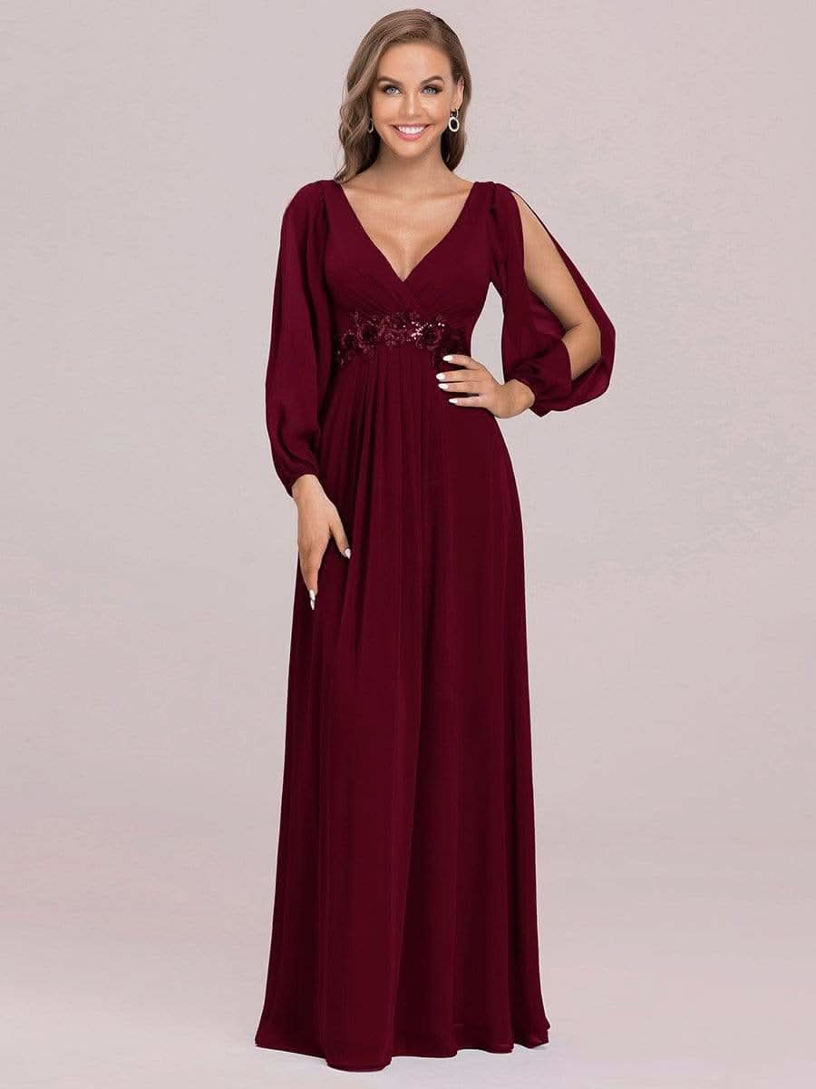 Größe Nach Maß Elegantes tiefes V-Laterne langes SchlitzÄrmel-Applikations-Maxi-Abendkleid #Farbe_Burgundy