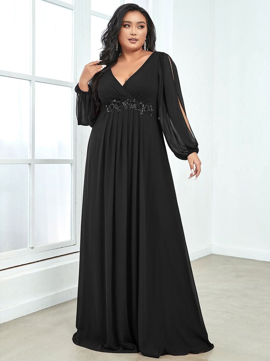 Elegantes tiefes V-Laterne langes SchlitzÄrmel-Applikations-Maxi-Abendkleid #Farbe_Schwarz