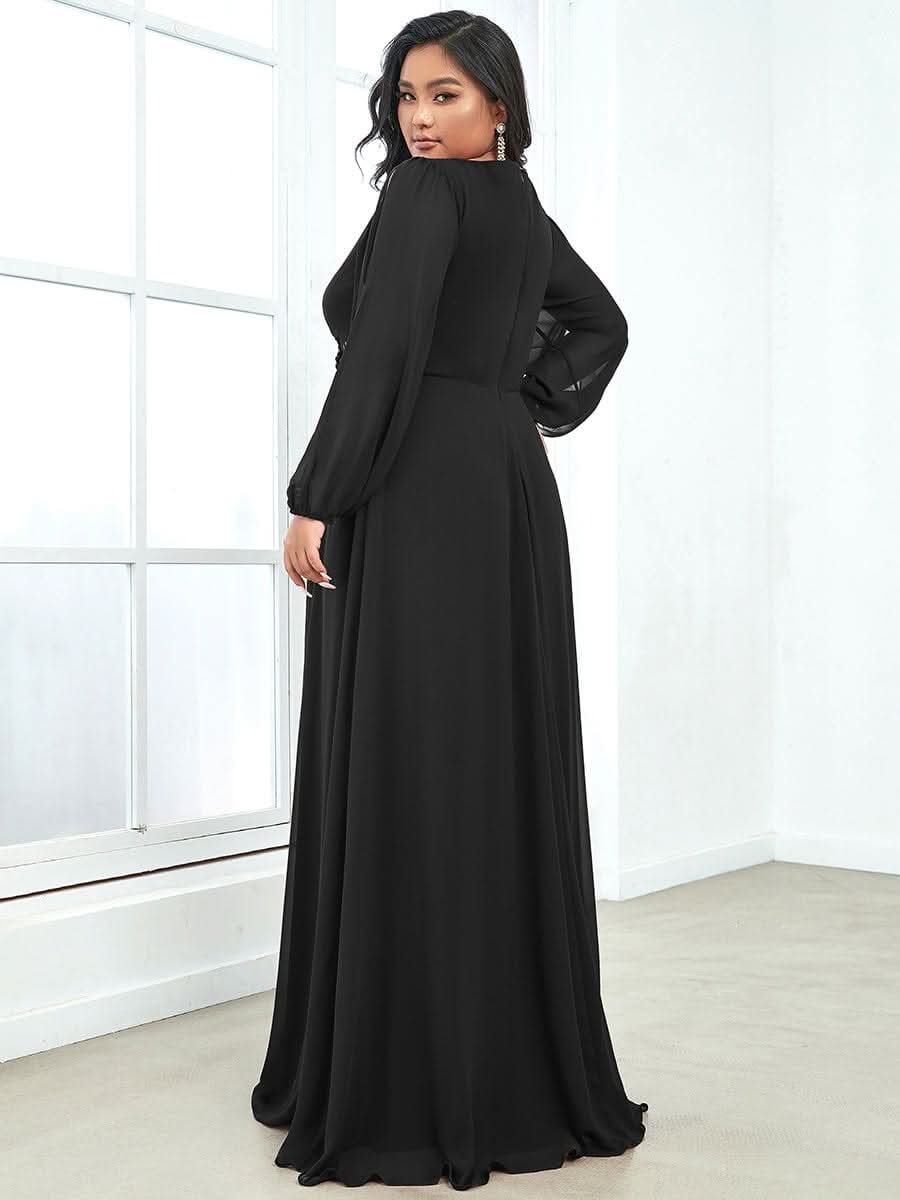 Elegantes tiefes V-Laterne langes SchlitzÄrmel-Applikations-Maxi-Abendkleid #Farbe_Schwarz