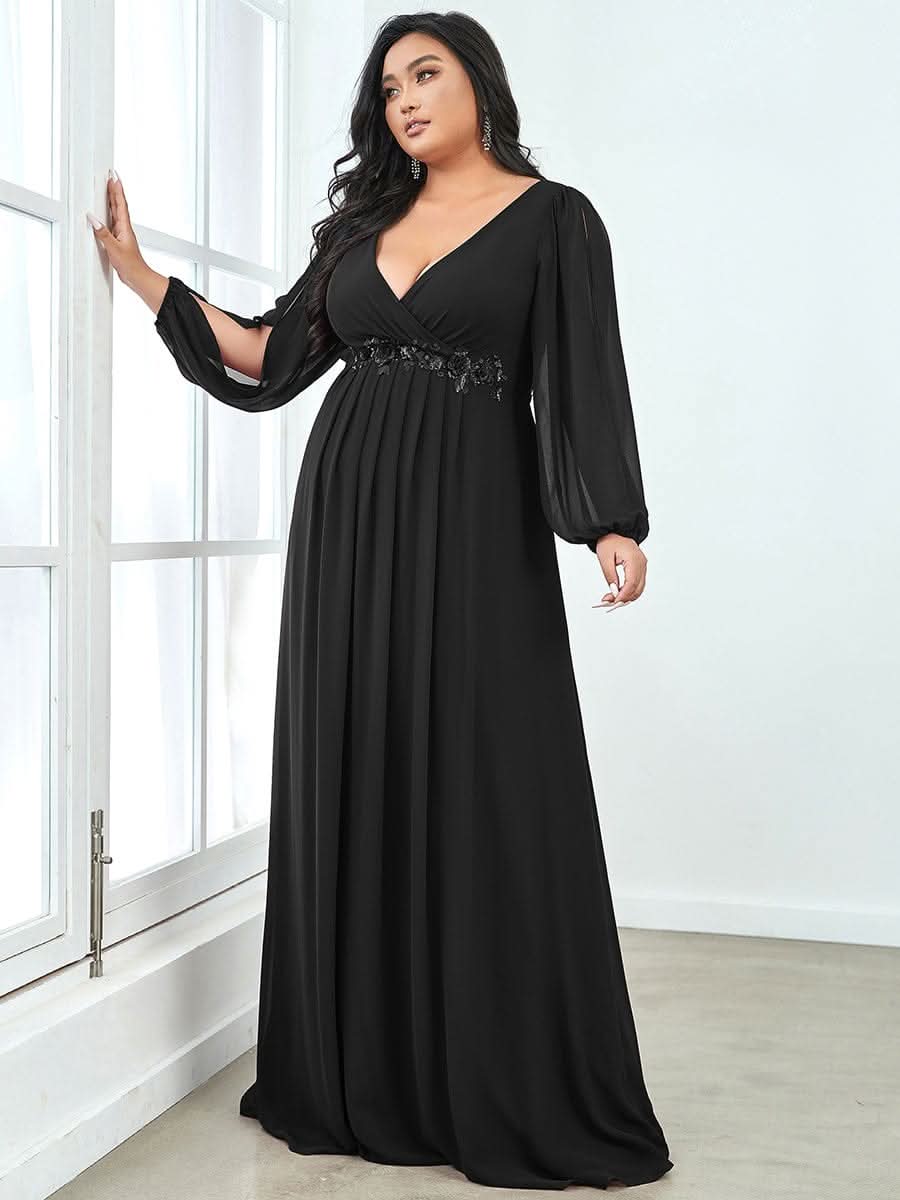 Elegantes tiefes V-Laterne langes SchlitzÄrmel-Applikations-Maxi-Abendkleid #Farbe_Schwarz