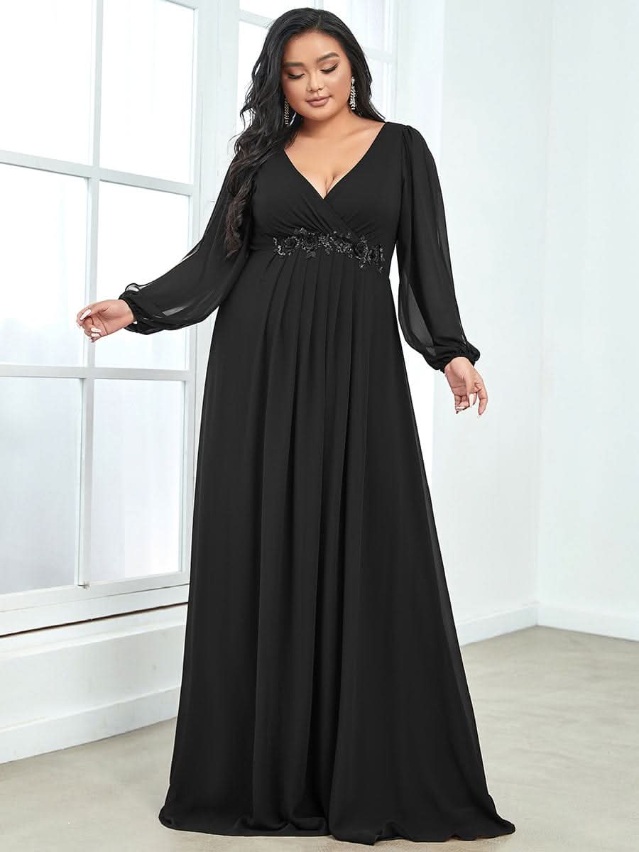 Elegantes tiefes V-Laterne langes SchlitzÄrmel-Applikations-Maxi-Abendkleid #Farbe_Schwarz