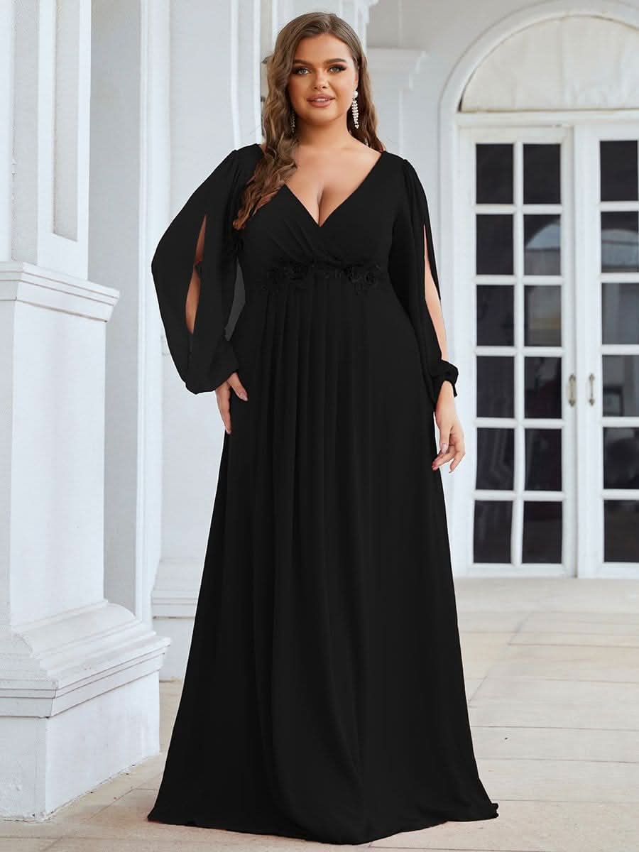 Stilvolle Chiffon-Abendkleider in übergröße mit langen LaternenÄrmeln #Farbe_Schwarz