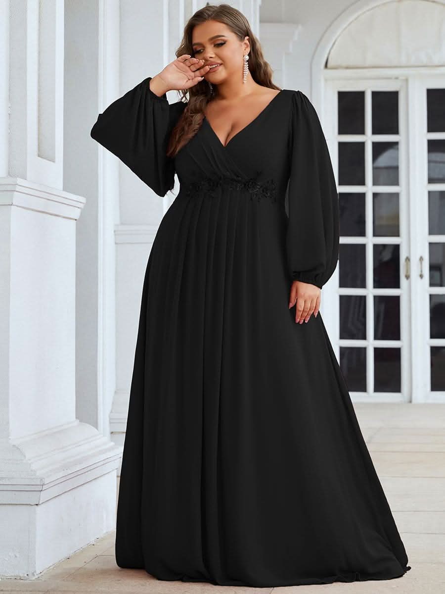 V-Ausschnitt Lang mit Ärmel Chiffon Brautmutterkleider Große Größen #Farbe_Schwarz