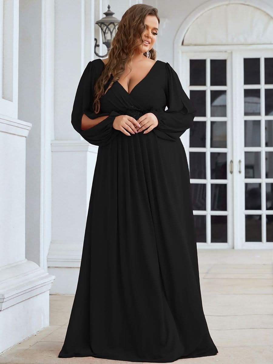 V-Ausschnitt Lang mit Ärmel Chiffon Brautmutterkleider Große Größen #Farbe_Schwarz