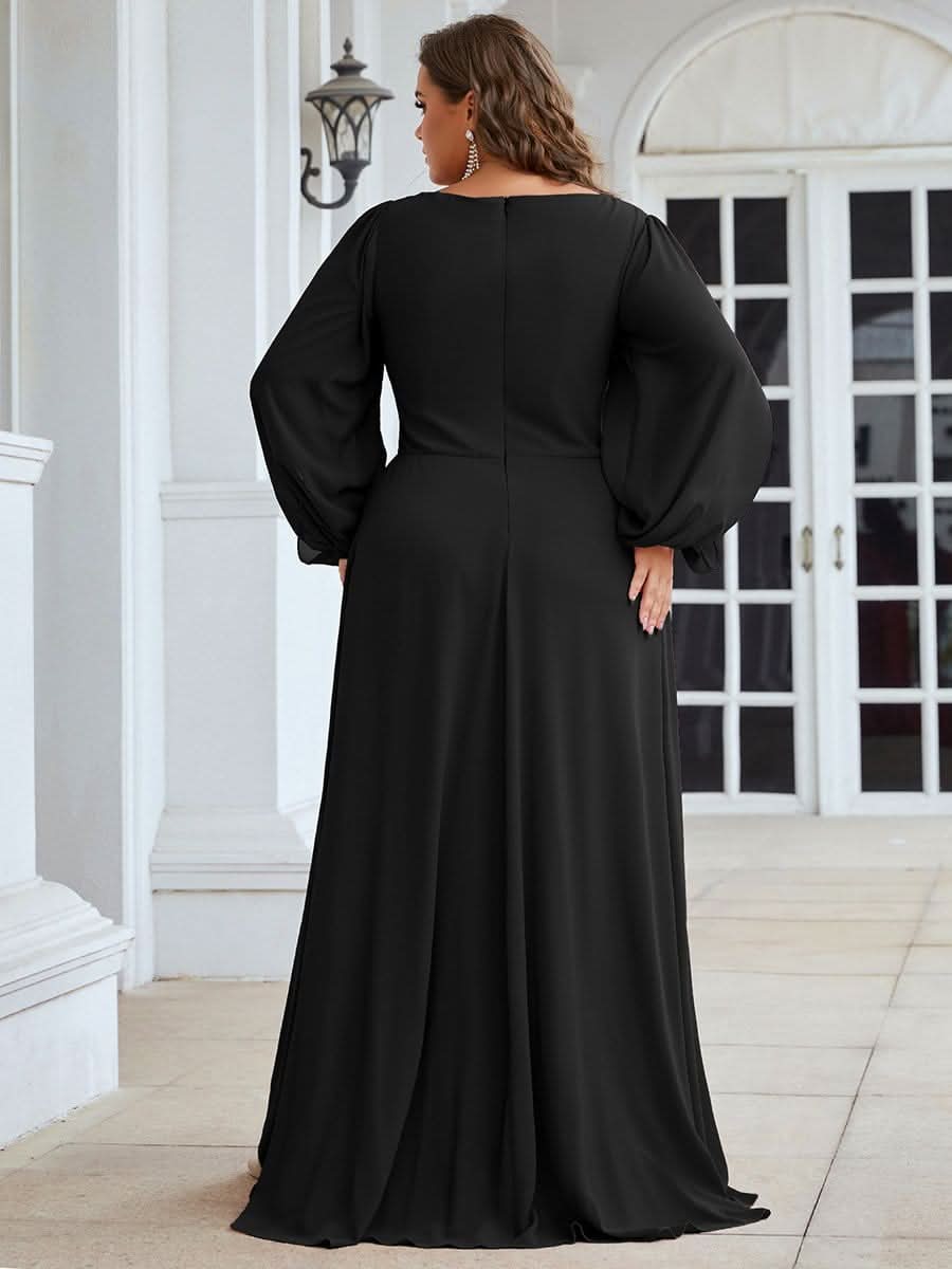 V-Ausschnitt Lang mit Ärmel Chiffon Brautmutterkleider Große Größen #Farbe_Schwarz