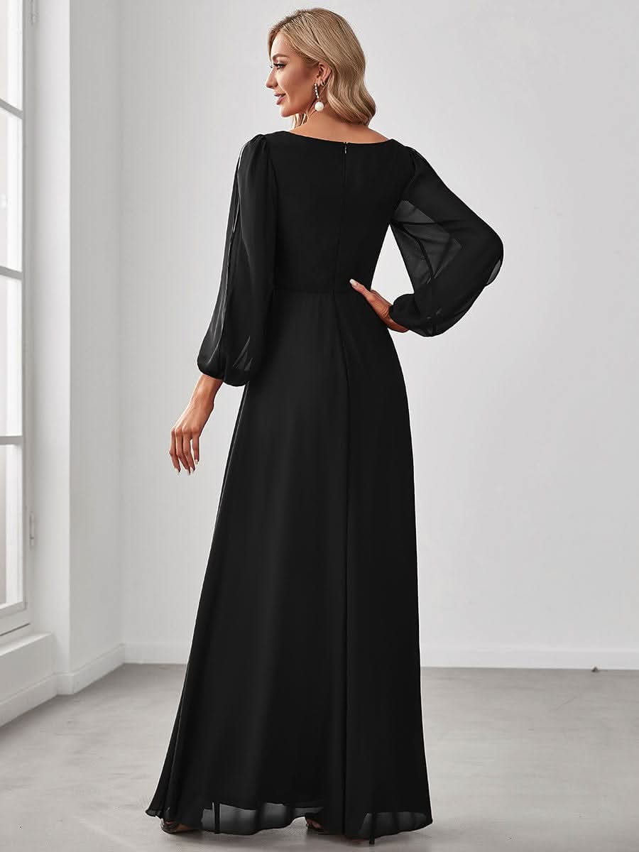 Elegantes tiefes V-Laterne langes SchlitzÄrmel-Applikations-Maxi-Abendkleid #Farbe_Schwarz