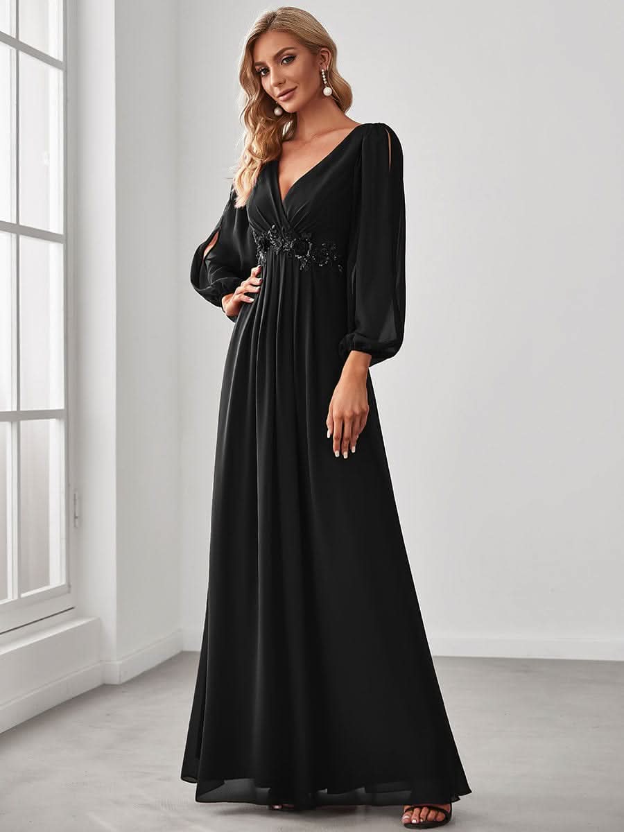 Elegantes tiefes V-Laterne langes SchlitzÄrmel-Applikations-Maxi-Abendkleid #Farbe_Schwarz