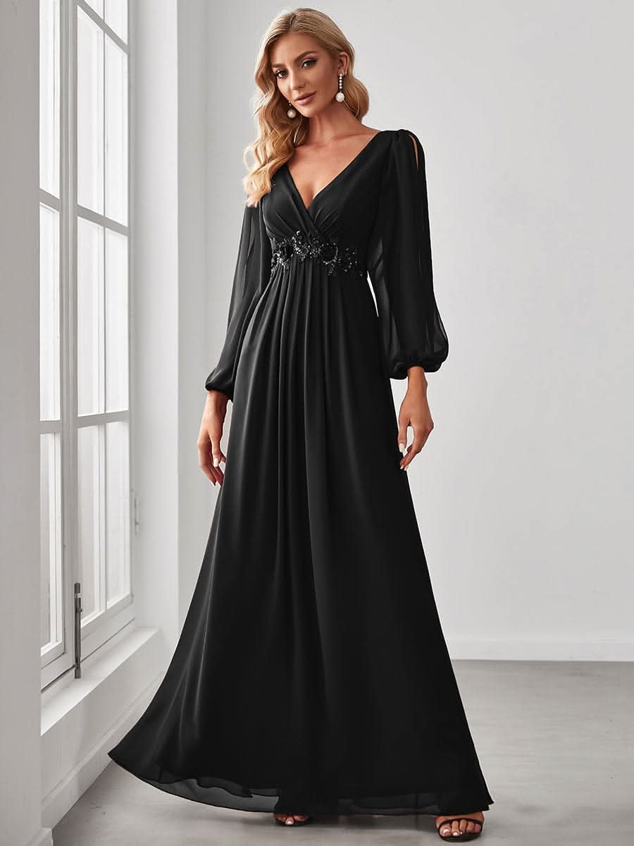Elegantes tiefes V-Laterne langes SchlitzÄrmel-Applikations-Maxi-Abendkleid #Farbe_Schwarz
