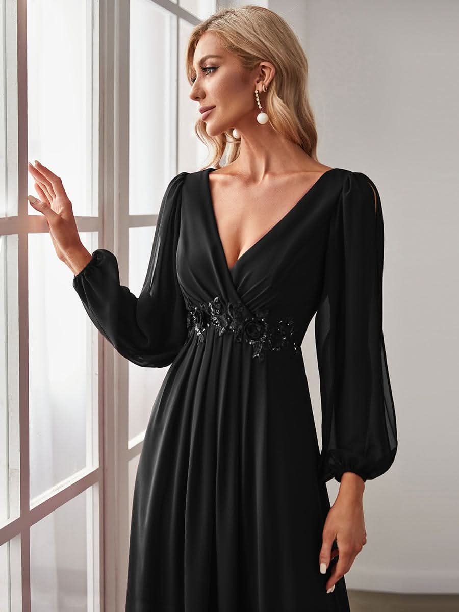 Elegantes tiefes V-Laterne langes SchlitzÄrmel-Applikations-Maxi-Abendkleid #Farbe_Schwarz