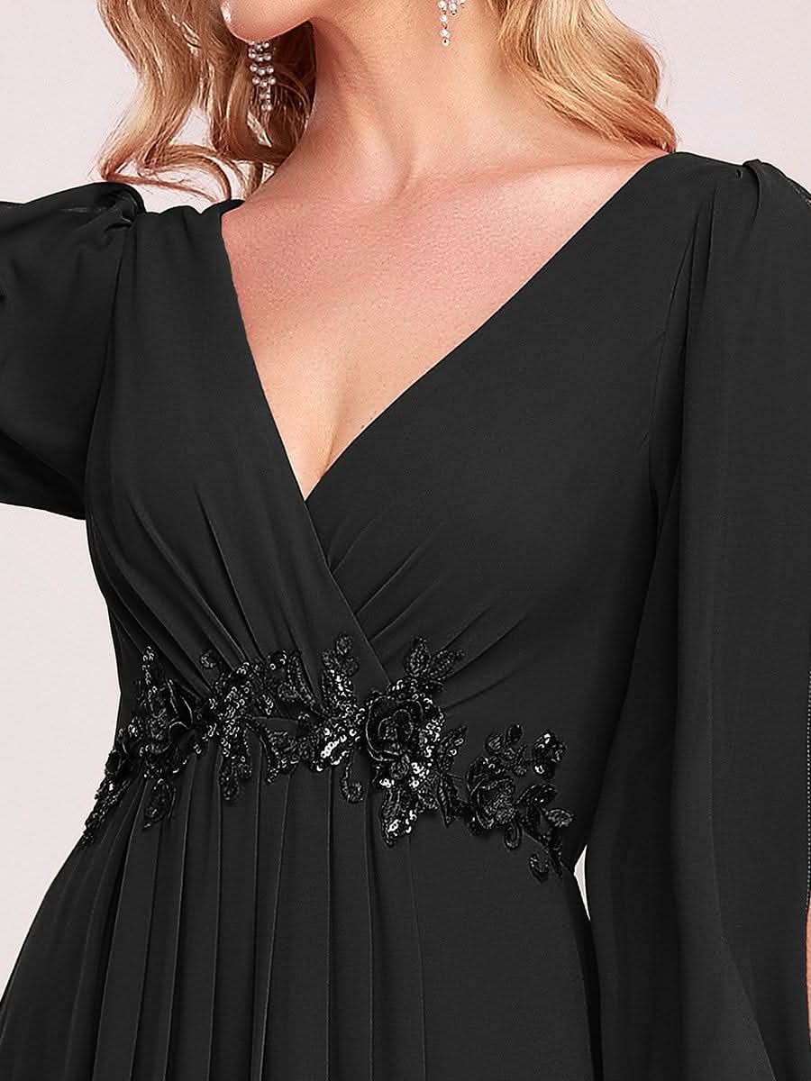 Elegantes tiefes V-Laterne langes SchlitzÄrmel-Applikations-Maxi-Abendkleid #Farbe_Schwarz