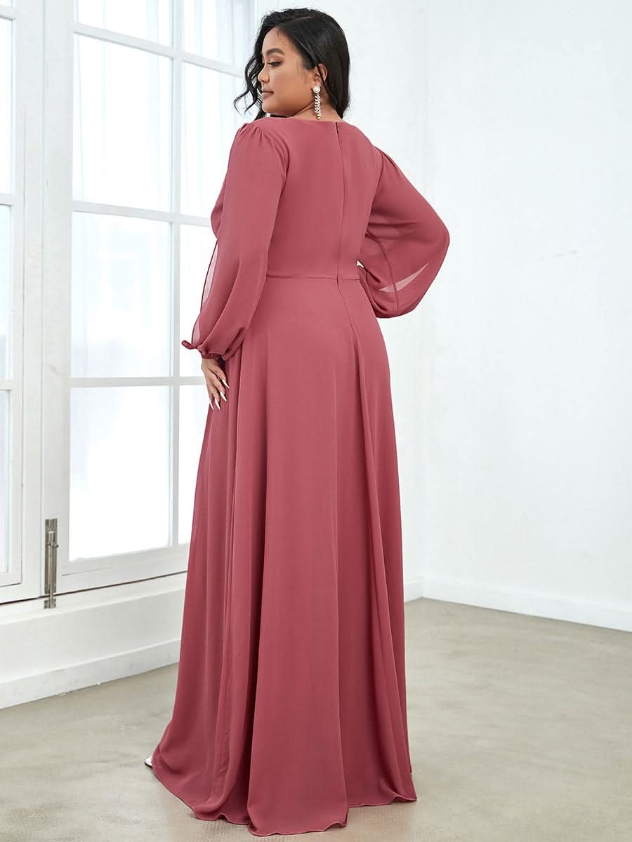 A-Linie Chiffon Lang mit Ärmel Maxikleid Hochzeitsgast Große Größen #Farbe_Bohnenpaste Farbe