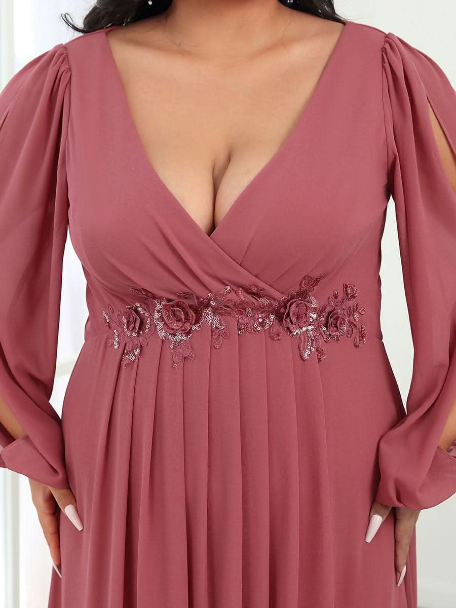 Stilvolle Chiffon-Abendkleider in übergröße mit langen LaternenÄrmeln #Farbe_Bohnenpaste Farbe