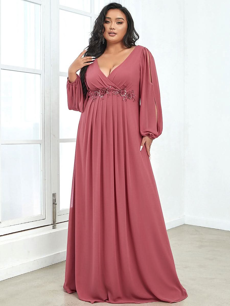 A-Linie Chiffon Lang mit Ärmel Maxikleid Hochzeitsgast Große Größen #Farbe_Bohnenpaste Farbe