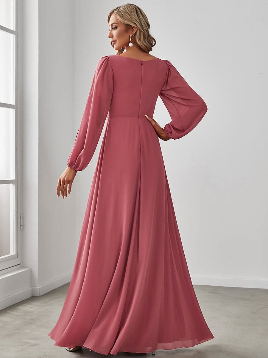 Elegantes tiefes V-Laterne langes SchlitzÄrmel-Applikations-Maxi-Abendkleid #Farbe_Bohnenpaste Farbe