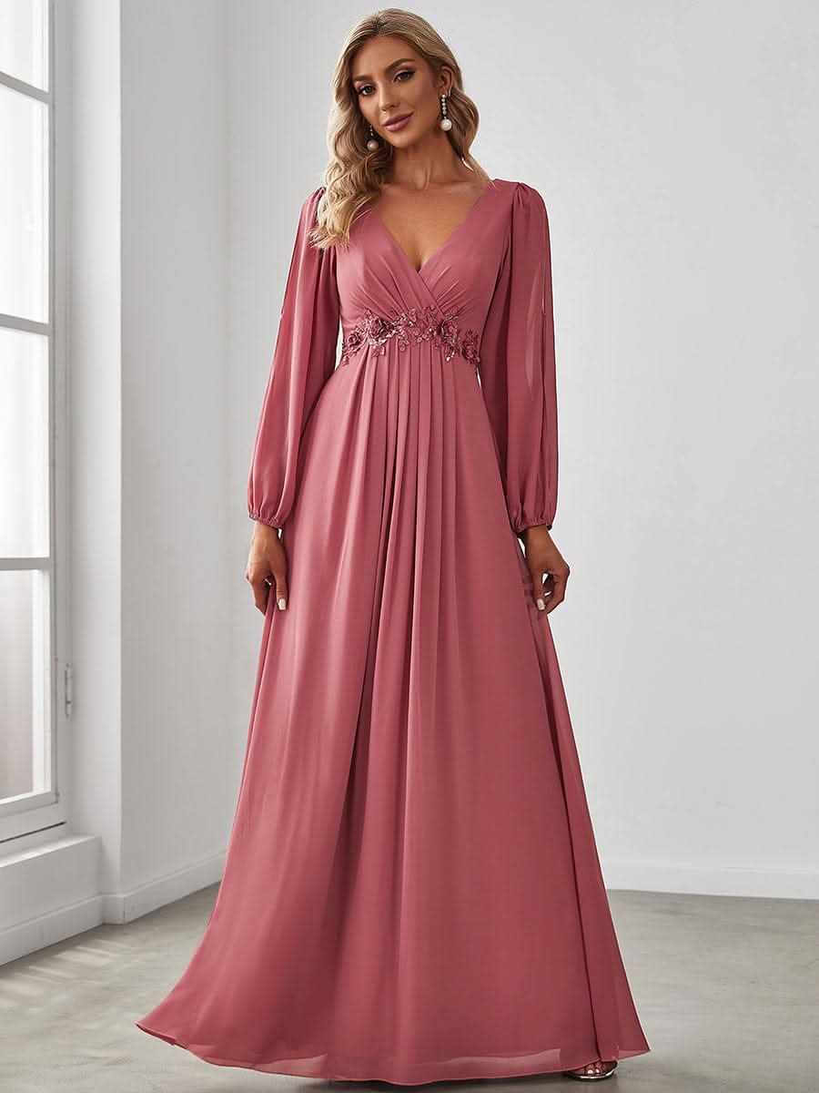 Elegantes tiefes V-Laterne langes SchlitzÄrmel-Applikations-Maxi-Abendkleid #Farbe_Bohnenpaste Farbe