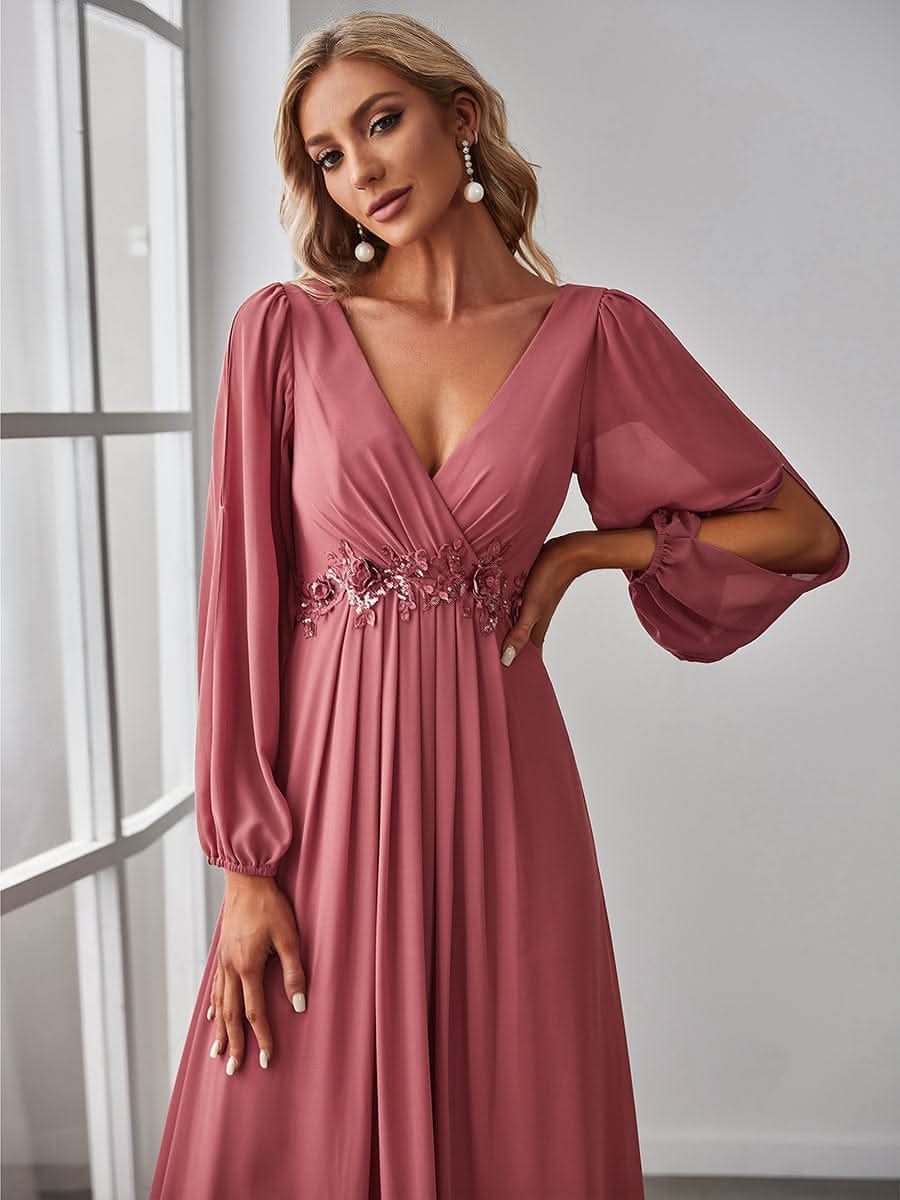 Elegantes tiefes V-Laterne langes SchlitzÄrmel-Applikations-Maxi-Abendkleid #Farbe_Bohnenpaste Farbe