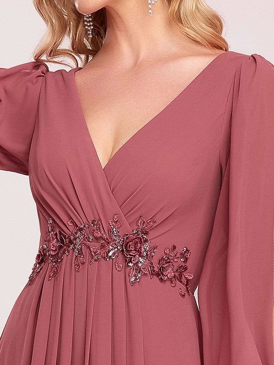 Elegantes tiefes V-Laterne langes SchlitzÄrmel-Applikations-Maxi-Abendkleid #Farbe_Bohnenpaste Farbe