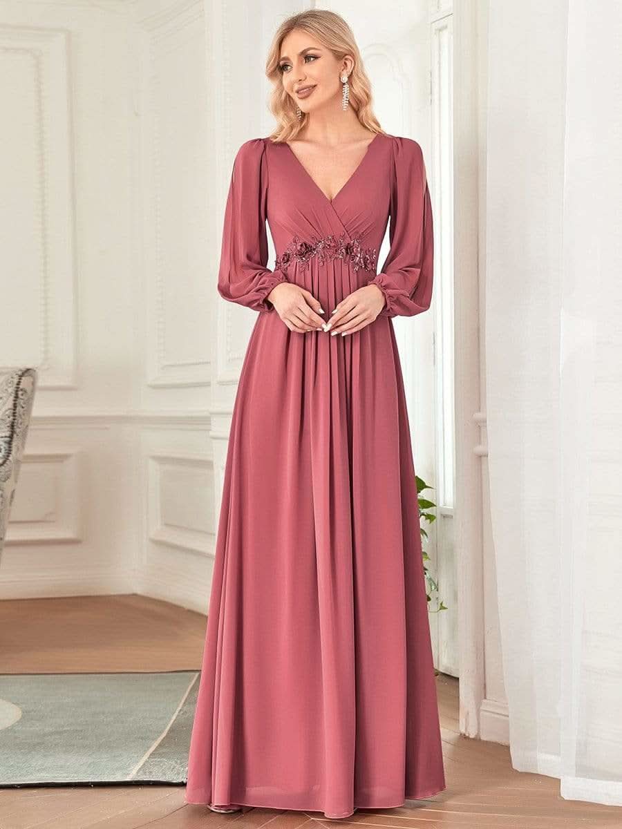 Größe Nach Maß Elegantes tiefes V-Laterne langes SchlitzÄrmel-Applikations-Maxi-Abendkleid #Farbe_Bohnenpaste Farbe