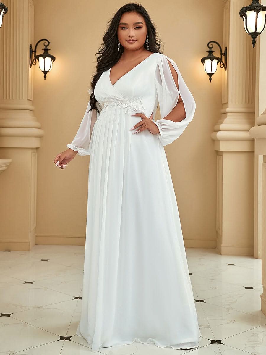 A-Linie Chiffon Lang mit Ärmel Maxikleid Hochzeitsgast Große Größen #Farbe_Cream