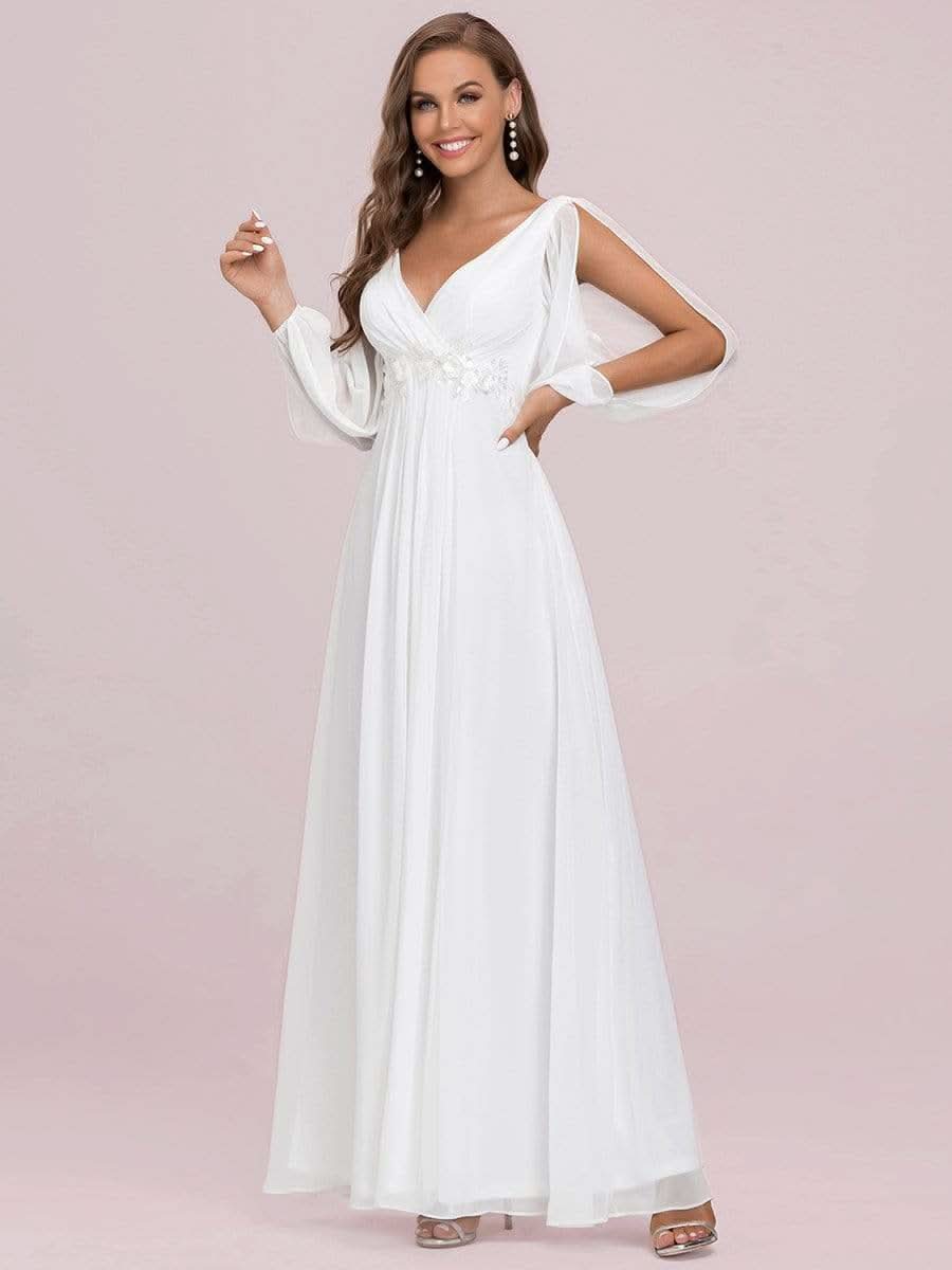 Elegantes tiefes V-Laterne langes SchlitzÄrmel-Applikations-Maxi-Abendkleid #Farbe_Cream