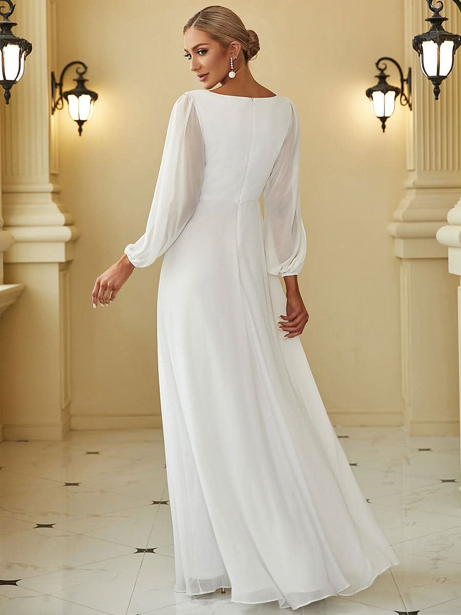 Elegantes tiefes V-Laterne langes SchlitzÄrmel-Applikations-Maxi-Abendkleid #Farbe_Cream
