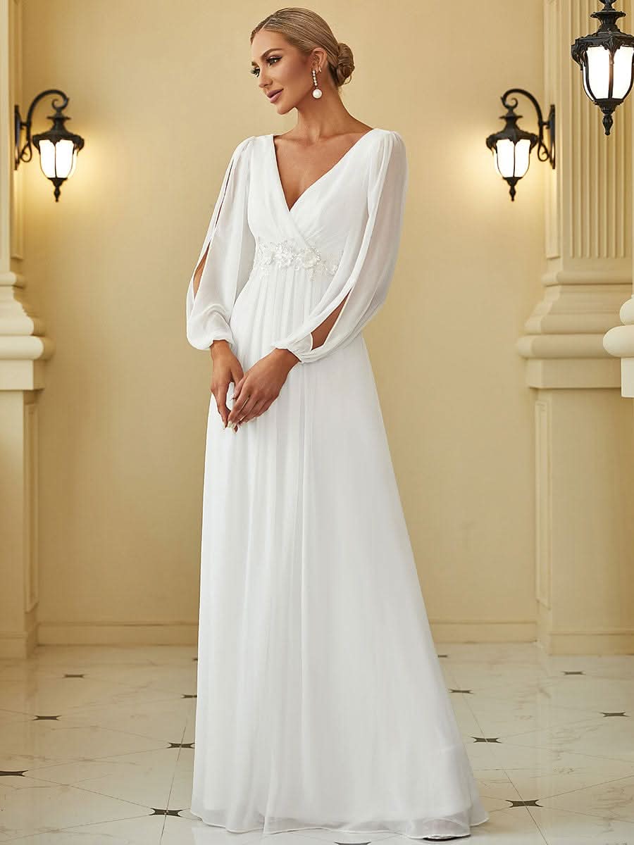 Elegantes tiefes V-Laterne langes SchlitzÄrmel-Applikations-Maxi-Abendkleid #Farbe_Cream