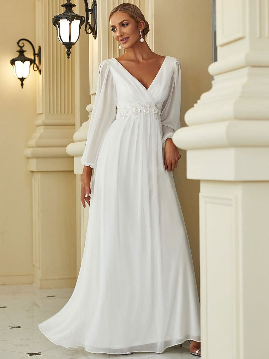Elegantes tiefes V-Laterne langes SchlitzÄrmel-Applikations-Maxi-Abendkleid #Farbe_Cream
