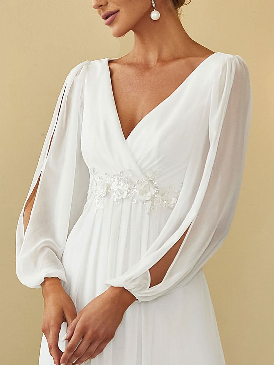 Elegantes tiefes V-Laterne langes SchlitzÄrmel-Applikations-Maxi-Abendkleid #Farbe_Cream