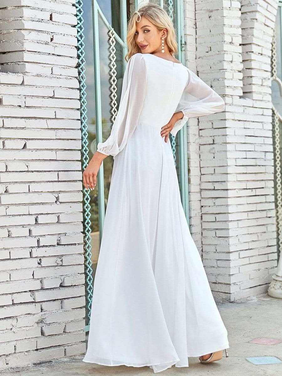 Elegantes tiefes V-Laterne langes SchlitzÄrmel-Applikations-Maxi-Abendkleid #Farbe_Cream
