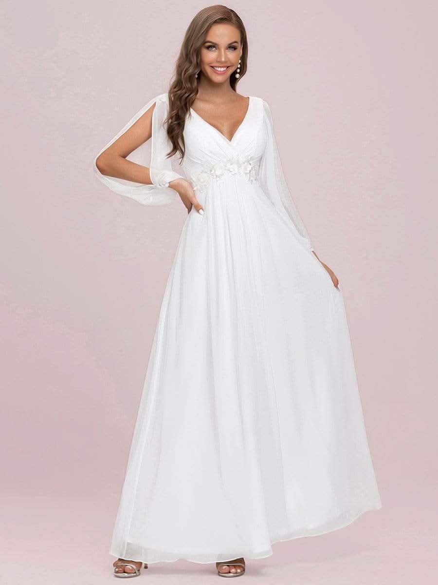 Elegantes tiefes V-Laterne langes SchlitzÄrmel-Applikations-Maxi-Abendkleid #Farbe_Cream