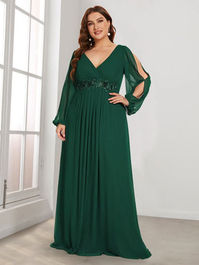 Größe Nach Maß Elegantes tiefes V-Laterne langes Schlitzärmel-Applikations-Maxi-Abendkleid 00461