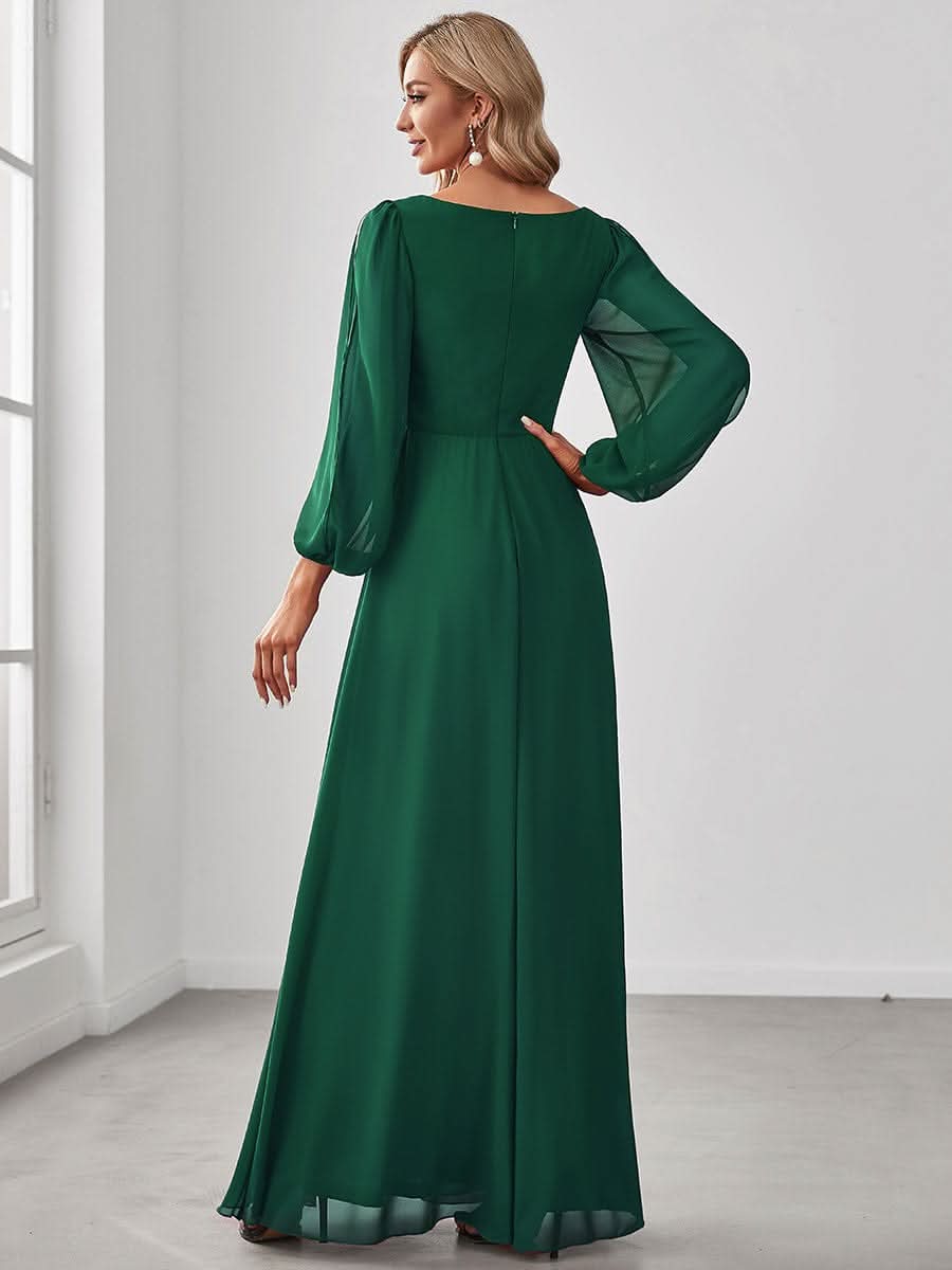 A-Linie Chiffon Lang mit Ärmel Brautmutterkleider #Farbe_Dunkel Gruen