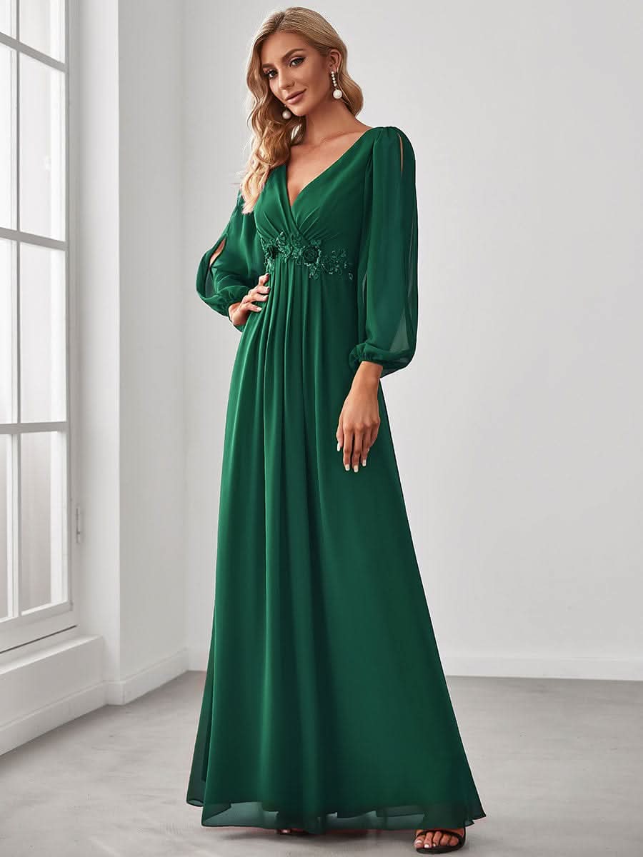 A-Linie Chiffon Lang mit Ärmel Brautmutterkleider #Farbe_Dunkel Gruen