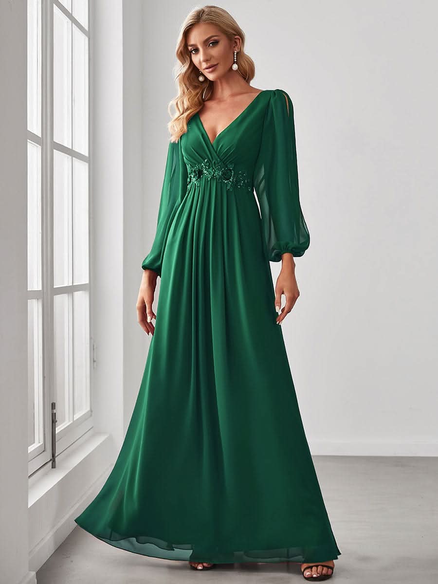 Elegantes tiefes V-Laterne langes SchlitzÄrmel-Applikations-Maxi-Abendkleid #Farbe_Dunkel Gruen