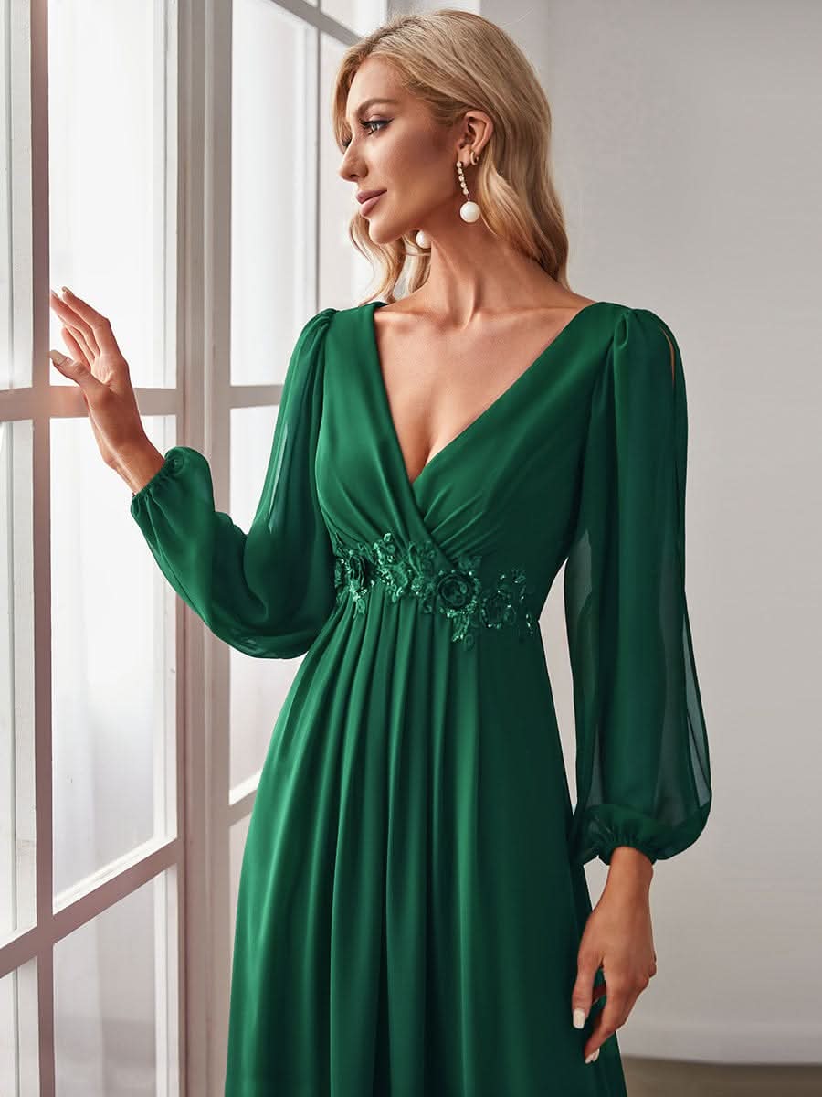 A-Linie Chiffon Lang mit Ärmel Brautmutterkleider #Farbe_Dunkel Gruen