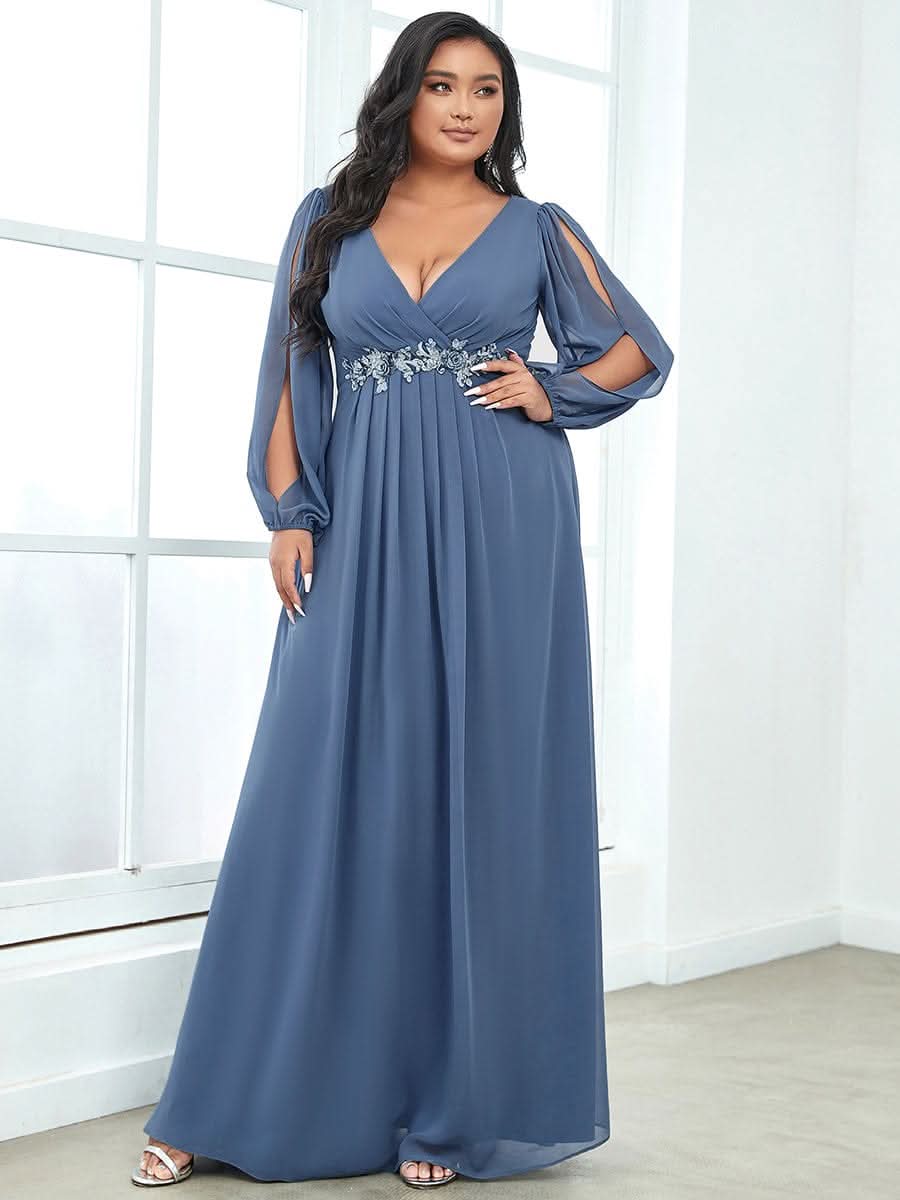 A-Linie Chiffon Lang mit Ärmel Maxikleid Hochzeitsgast Große Größen #Farbe_Dusty Navy