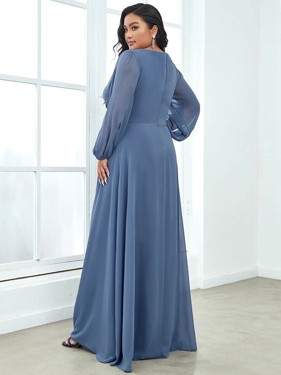A-Linie Chiffon Lang mit Ärmel Maxikleid Hochzeitsgast Große Größen #Farbe_Dusty Navy