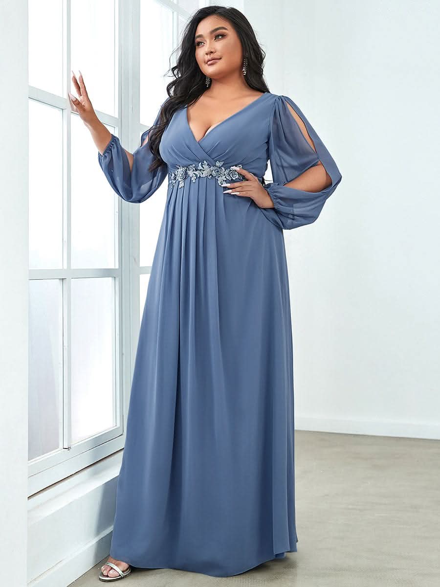 Elegantes tiefes V-Laterne langes SchlitzÄrmel-Applikations-Maxi-Abendkleid #Farbe_Dusty Navy