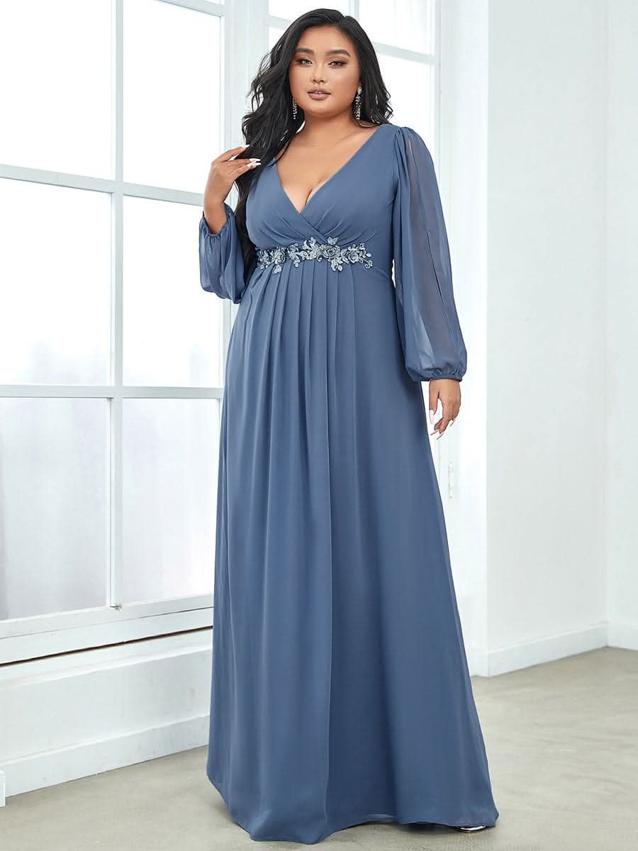 Elegantes tiefes V-Laterne langes SchlitzÄrmel-Applikations-Maxi-Abendkleid #Farbe_Dusty Navy