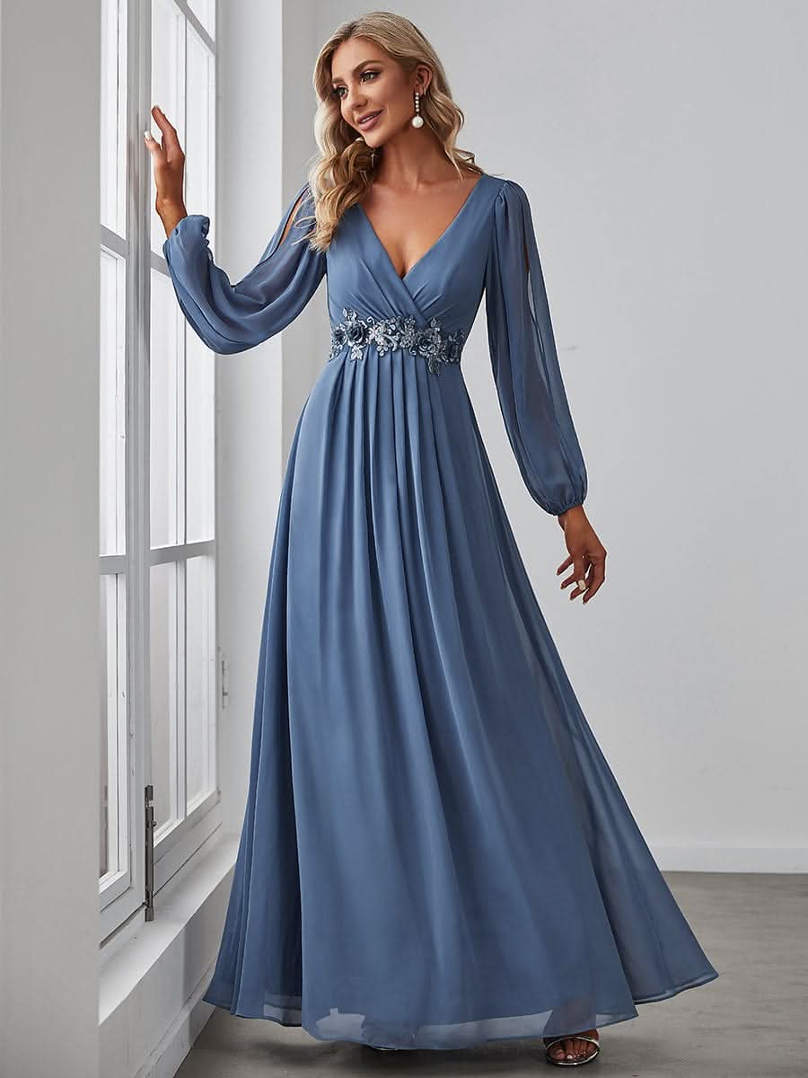 Elegantes tiefes V-Laterne langes SchlitzÄrmel-Applikations-Maxi-Abendkleid #Farbe_Dusty Navy