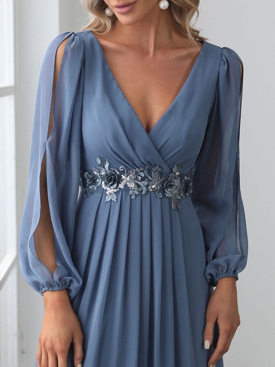 Elegantes tiefes V-Laterne langes SchlitzÄrmel-Applikations-Maxi-Abendkleid #Farbe_Dusty Navy
